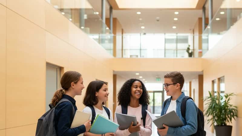Groupe d'élèves suisses dans un couloir d'école secondaire moderne à Genève entre deux cours