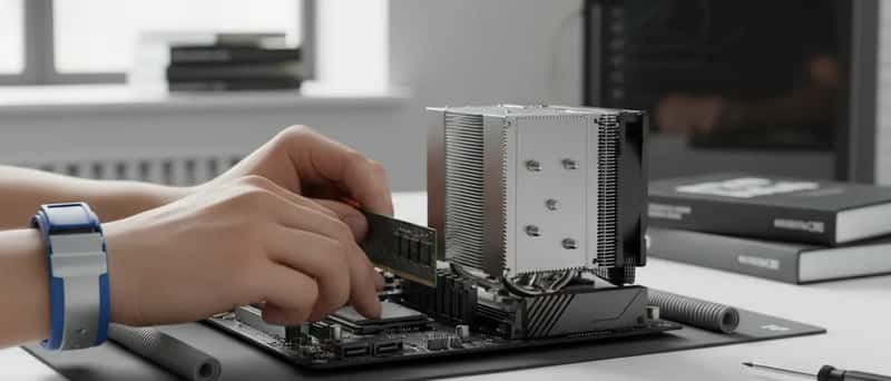 Composants internes d'un ordinateur de bureau en cours d'assemblage sur un bureau, avec carte mère, barrettes RAM et SSD NVMe