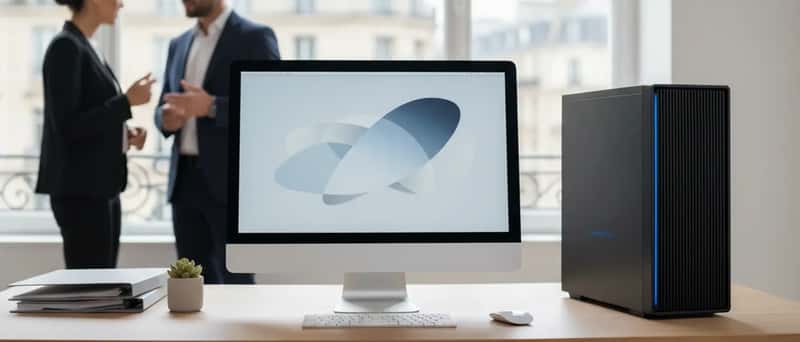 Ordinateur tout-en-un blanc à côté d'une tour PC noire sur un bureau moderne, illustrant la différence de taille entre les deux formats