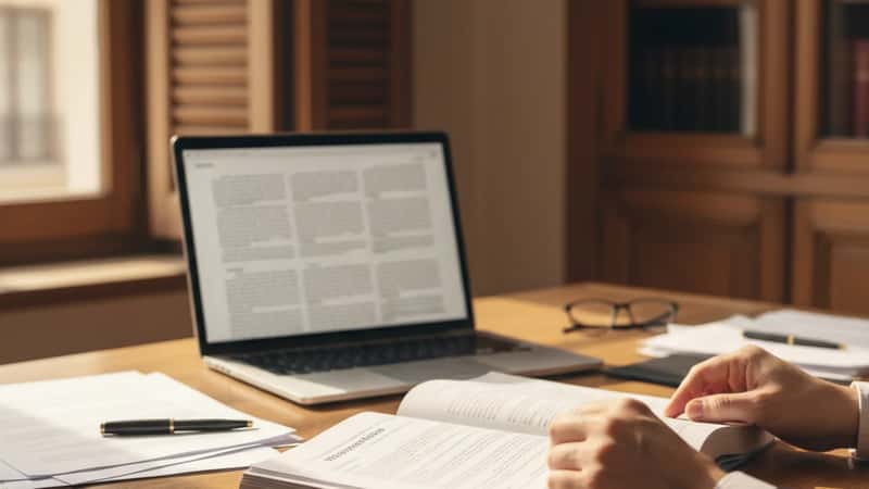 Mains d'un avocat feuilletant un document de conformité IA sur un bureau en bois à Lyon, laptop ouvert en arrière-plan