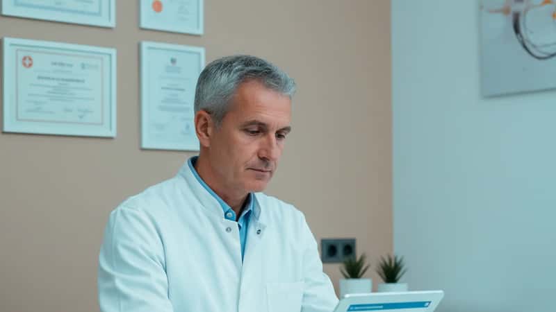 Médecin de 55 ans en blouse blanche consultant une recommandation IA sur une tablette dans une salle de consultation à Bordeaux