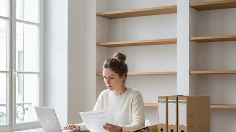 Österreichische Frau prüft Umzugsunterlagen am Schreibtisch in einer leeren Wohnung in Wien