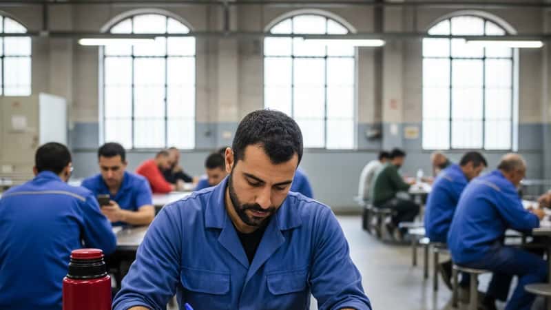 Operaio metalmeccanico a Firenze segna le ore straordinarie su un foglio presenze in mensa