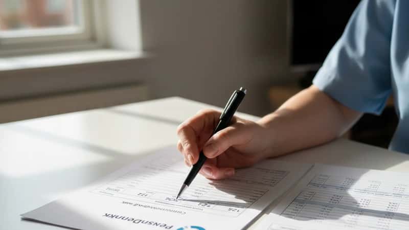 Sammenligning af to pensionsdokumenter på bord i Randers — SOSU-medarbejder analyserer bidragssatser
