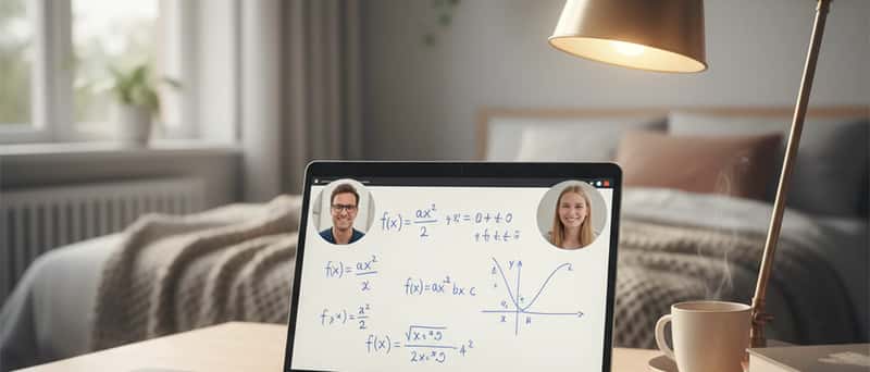 Laptopscherm met digitaal whiteboard en wiskundige vergelijkingen tijdens een online bijles sessie