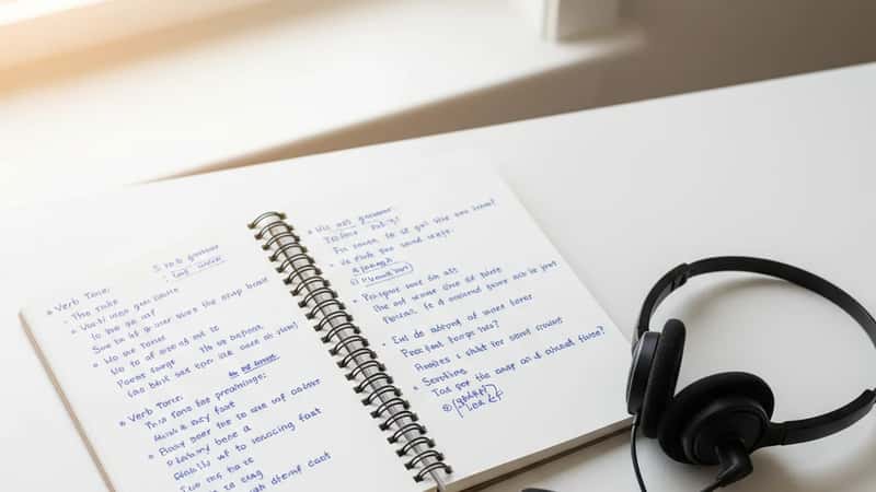 Student taking notes during an online English tutoring session on a laptop at a wooden desk with bookshelves in the background