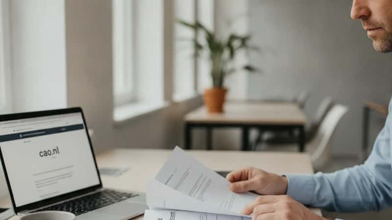HR-professional in Utrecht coworking space die een gedrukte cao-tekst doorleest naast een open laptop met cao.nl