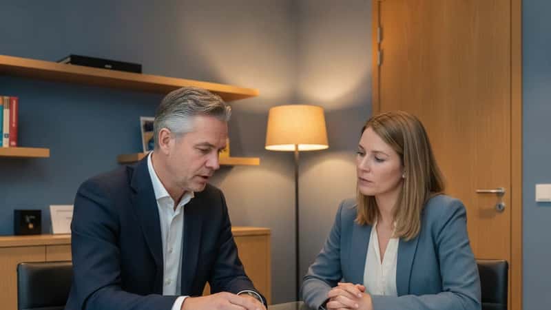 Advocaat arbeidsrecht in Den Haag bespreekt cao-document met cliënt aan glazen vergadertafel
