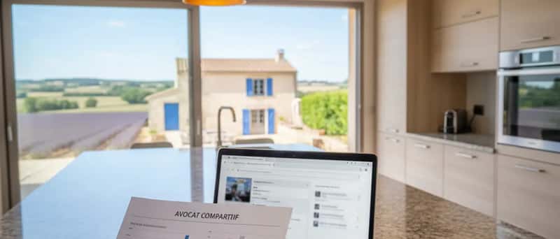 Woman reviewing lawyer profiles on a laptop at a kitchen counter with printed legal documents and business cards nearby
