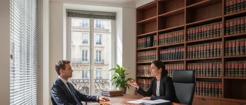Client consulting with a divorce attorney across a desk in a modern American law office with morning sunlight