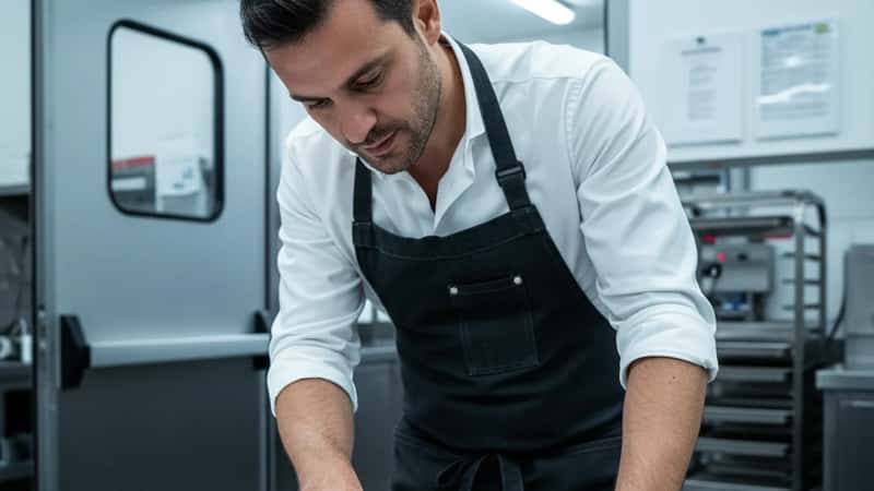 Lavoratore del settore turismo a Rimini che esamina un documento contrattuale in cucina professionale