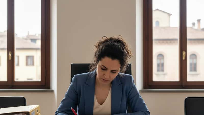 HR manager a Bologna che annota un contratto collettivo nazionale del lavoro al tavolo della riunione