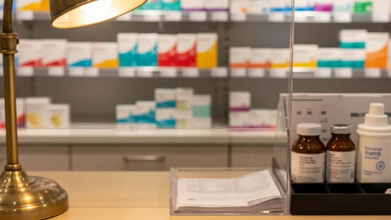 Timeliste med overtidstimer og kalkulator på apotekdisk i Tromsø