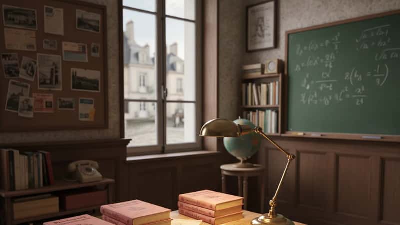 Bureau d'étude des années 1980 avec manuels Bescherelle et tableau vert couvert d'équations