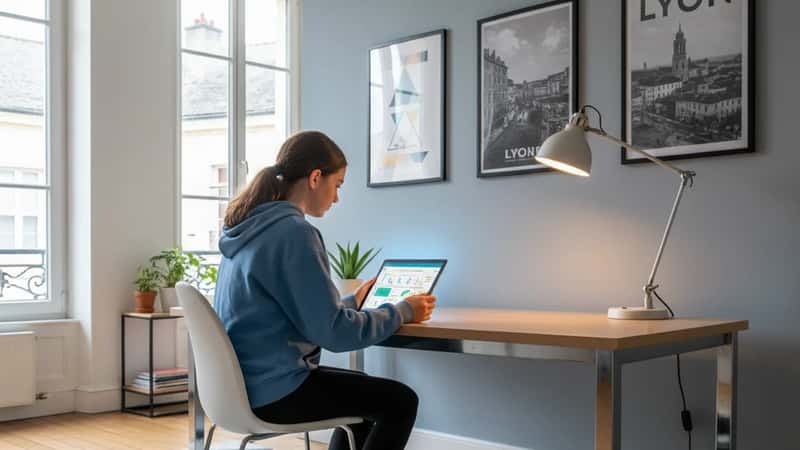 Adolescente française utilisant une tablette avec des exercices de mathématiques adaptatifs dans sa chambre