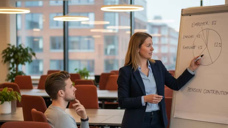 HR-medarbejder i Odense forklarer pensionsbidragsprocenter til kollega foran whiteboard