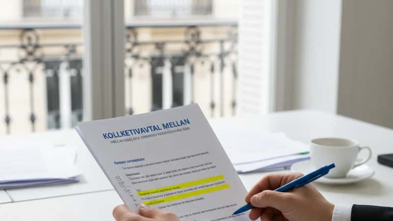 Närbild av händer som markerar lönetext i ett kollektivavtal med en gul penna