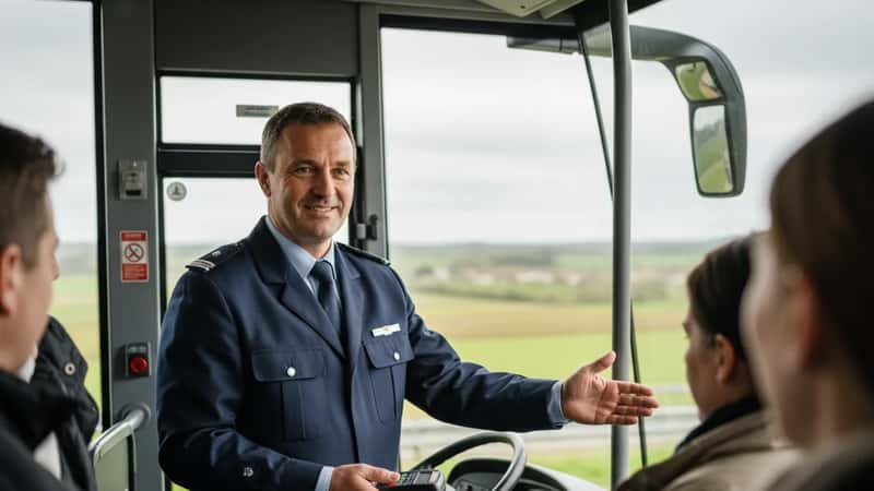 Chauffeur de car en uniforme accueillant des passagers dans un arrêt de car régional à Bordeaux