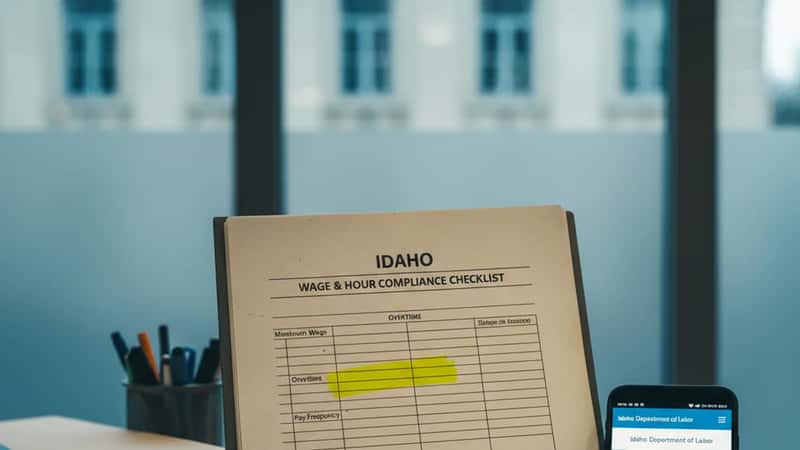 Idaho HR manager reviewing wage and hour compliance checklist at an office desk in Boise, wage documentation and smartphone visible