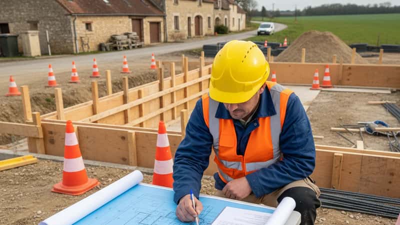 Idaho construction foreman reviewing overtime compliance documentation at a jobsite near Idaho Falls, blueprint and regulatory checklist on folding table