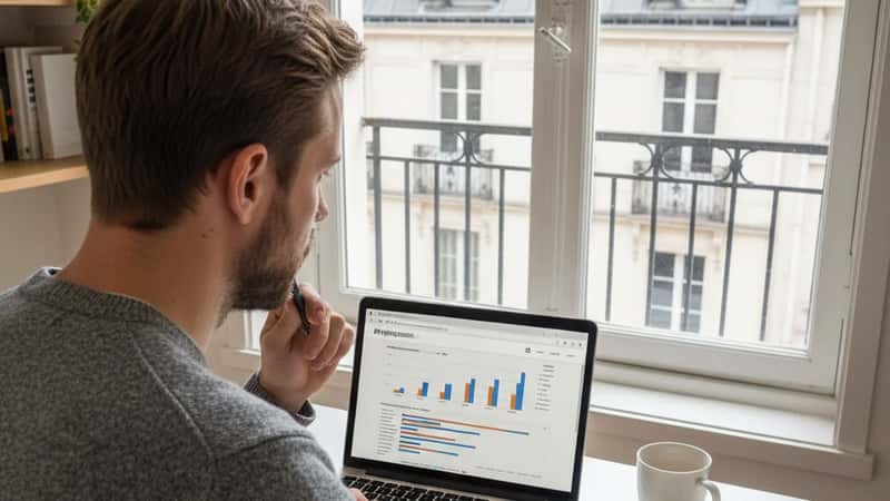 Apoteksanställd man granskar pensionsprognos på laptop i Göteborg hemmakontor