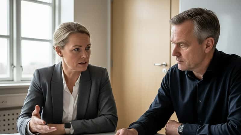Dansk tillidsrepræsentant og fabrikschef i lønforhandling over printed overenskomstdokumenter i et mødelokale i Aalborg