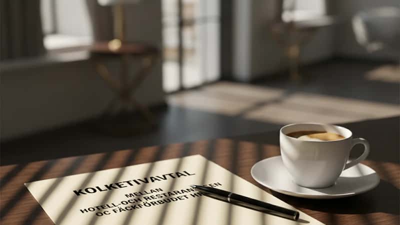 Besöksnäringens tjänstemannaavtal utskrivet på ett hotellbord med kaffekopp och penna i Göteborg