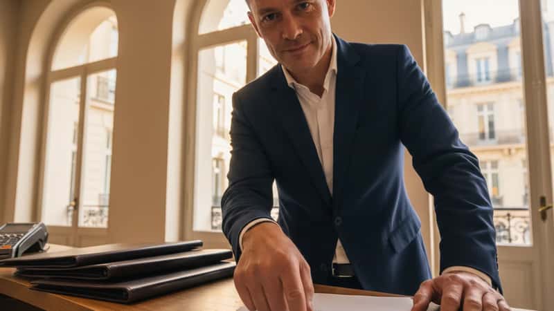 Hotellchefsassistent i Malmö granskar anställningsavtal vid konciergdisken med tryckt kollektivavtal öppet bredvid