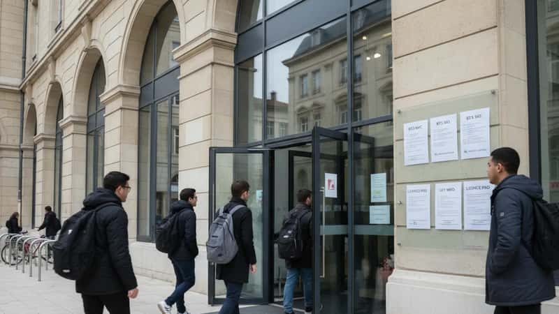 Entrée d'un campus universitaire français avec étudiants et affiches d'orientations disponibles