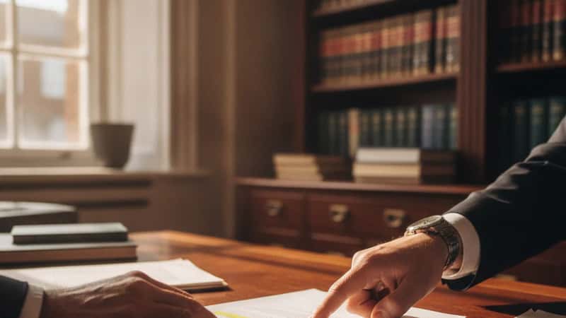 Leasehold solicitor in Manchester reviewing lease extension documents with a client, detailed close-up of contract clauses