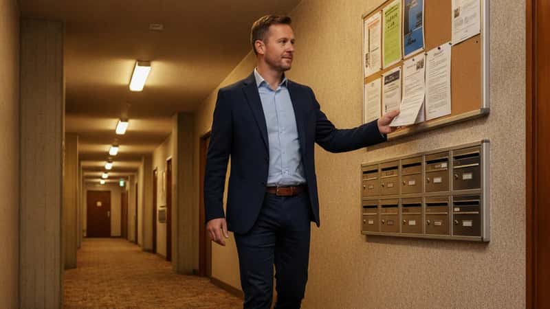 British leaseholder in Leeds examining a collective enfranchisement notice in a period apartment block communal hallway