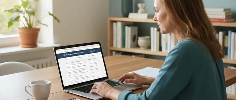 Person prüft die Qualifikationen eines Finanzberaters auf einem Laptop in einem hellen Homeoffice
