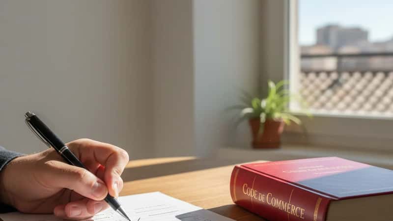 Checklist de conformité légale sur un bureau marseillais d'une PME, main avec stylo cochant une case de la liste de vérification, code du travail ouvert à côté