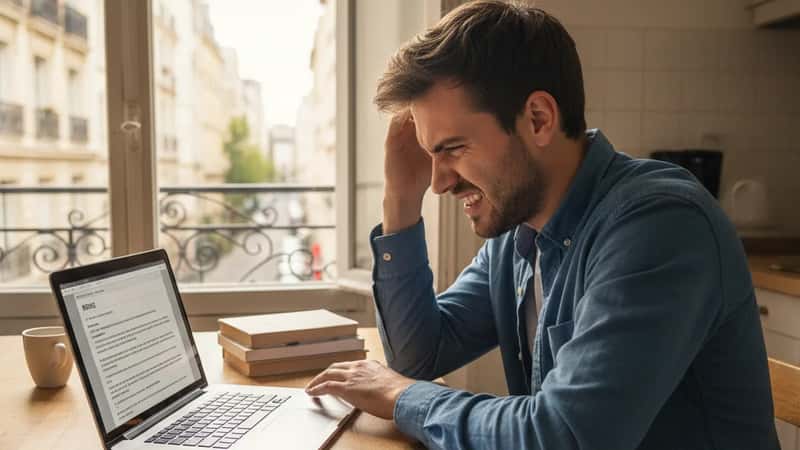 Jeune candidat français examinant un email de rejet sur son ordinateur portable à la table de sa cuisine en région parisienne, résumé imprimé devant lui