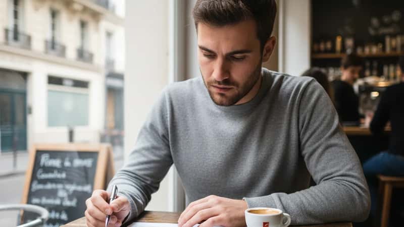 Profissional internacional a rever gráfico de comparação de taxas de IRS num café no Porto