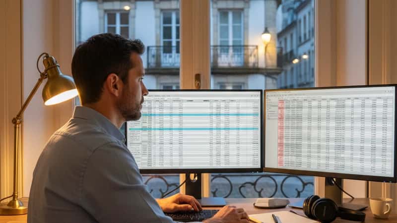 Homem em teletrabalho com software de cálculo fiscal em monitor duplo num escritório doméstico em Aveiro