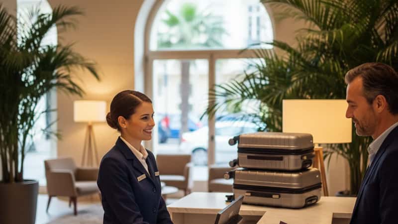 Réceptionniste dans un hôtel à Nice accueillant un client au comptoir, uniforme marine, ambiance professionnelle