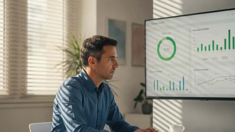Conseiller en gestion de patrimoine examinant un tableau de bord d'investissement ESG sur écran dans un bureau financier moderne à Nantes