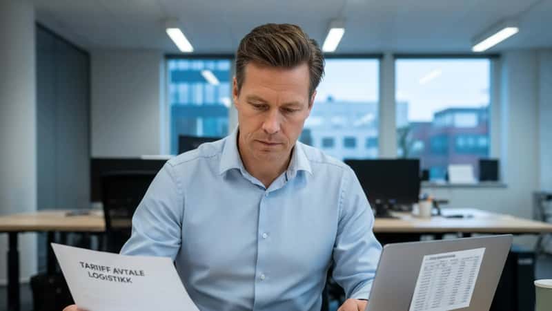 Norsk HR-leder i et logistikkselskap i Trondheim sjekker tariffbaserte lønnskalkulasjoner på laptop