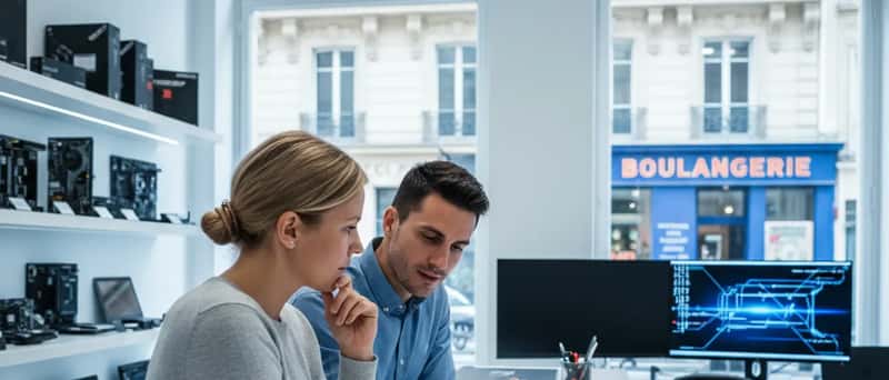 Kund och tekniker diskuterar en reparationsoffert vid en servicedisk i en svensk datorverkstad