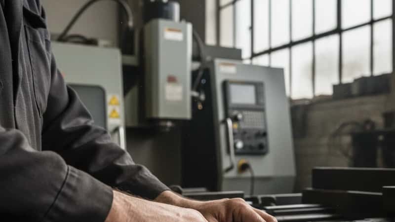 Lavoratore metalmeccanico di Brescia esamina il cedolino con gli scatti di anzianità sul banco di lavoro accanto a una macchina CNC