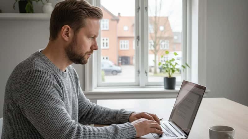 Dansk medarbejder arbejder hjemmefra med OK26-arbejdstidsregler i Odense