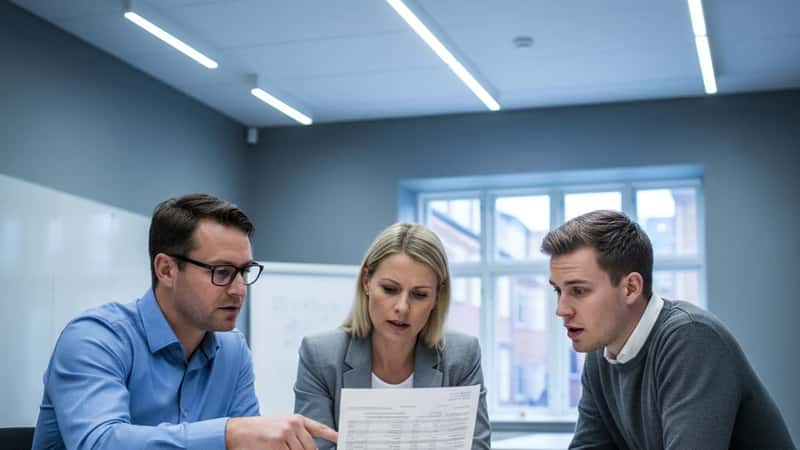 Tre kolleger gennemgår tidsregistrering på regionalt administrationskontor i Aarhus
