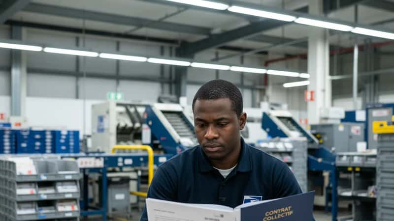 A postal worker in a USPS uniform reviewing a union collective bargaining agreement document at a break room table in an American postal facility