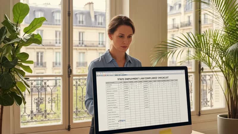 An HR professional at a standing desk reviewing state employment law compliance requirements on a computer monitor in a bright US corporate office