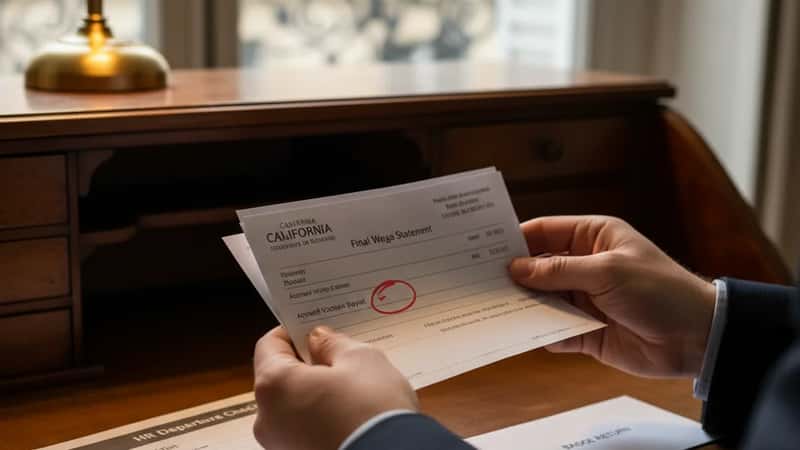 Close-up of hands holding a California final wage statement with accrued vacation circled, HR departure checklist visible on desk in Oakland