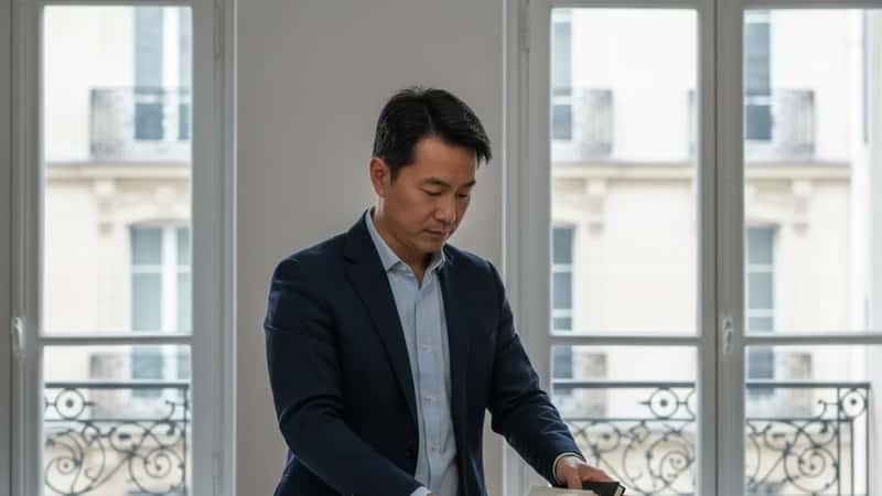 Asian male employee in San Jose packing personal items at his cleared desk, final paycheck envelope visible on the surface