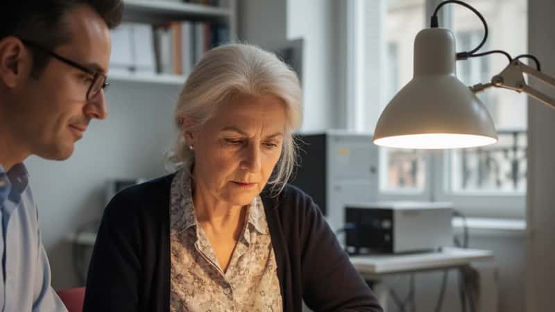 Femme de 70 ans en évaluation neuropsychologique à l'ICM Paris, test de mémoire sur table de consultation, lumière chaleureuse