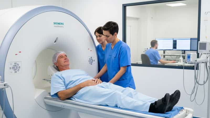 Patient entrant dans un scanner IRM neurologique au CHU de Strasbourg, technicien radiologue visible en arrière-plan