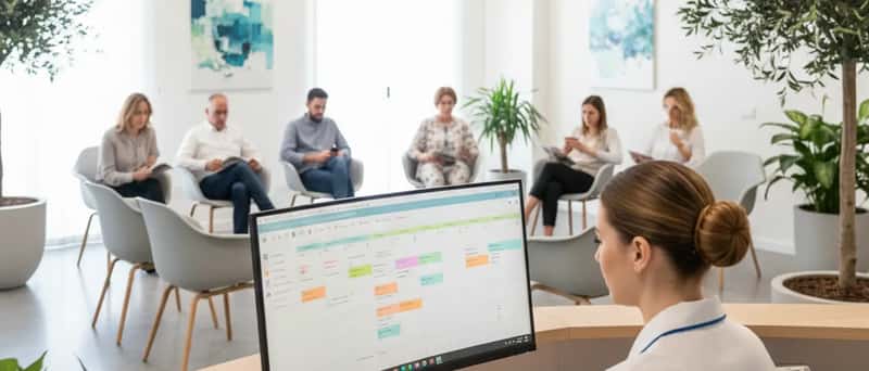 Segretaria di uno studio medico italiano che gestisce le prenotazioni al computer con un calendario digitale